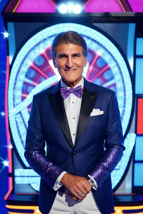 a man in a tuxedo standing in front of a wheel of fortune