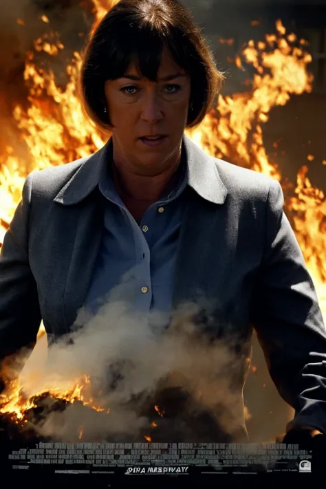 a woman in a blue shirt and blazer standing in front of a fire