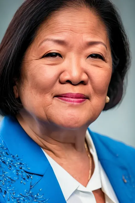 a close up of a woman in a blue jacket and white shirt