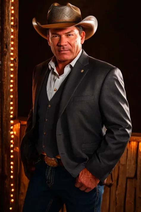 a man in a cowboy hat and vest standing in front of a barn