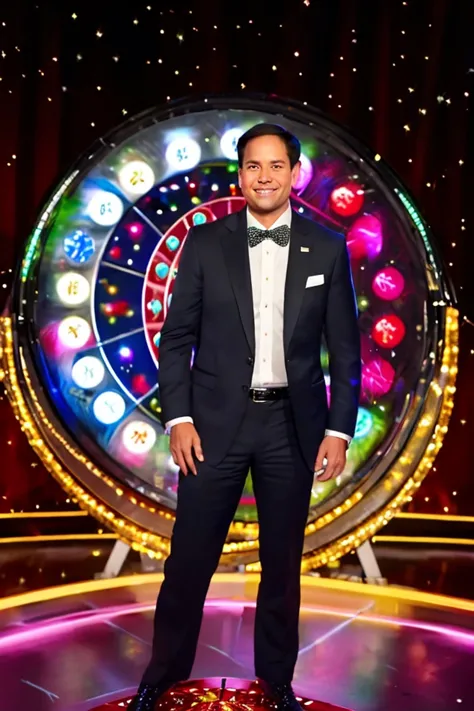 a man in a tuxedo standing in front of a wheel of fortune