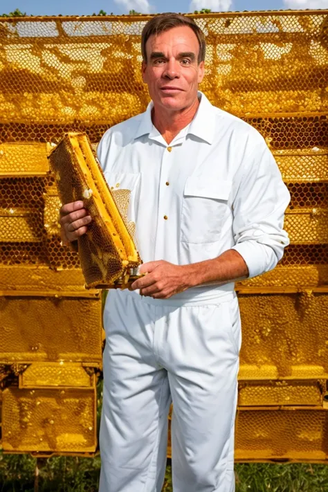 arafed man holding a beehive in front of a beehive