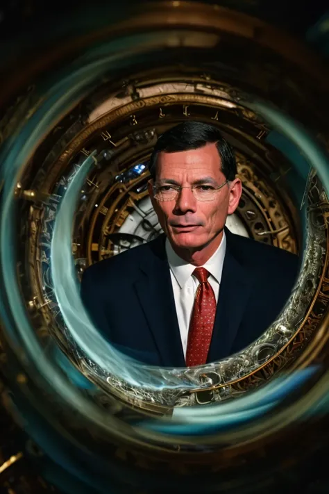 john barrasso <lora:senate_099_john_barrasso:0.65> , face closeup, face focus, shirt, formal, suit, collared shirt, white shirt, jacket,
Dressed in a steampunk outfit,large clock or time machine device, set against a backdrop of a swirling vortex,
best quality, masterpiece, HDR, professional, studio quality, highres,