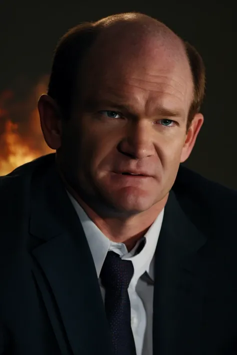 a man in a suit and tie sitting in front of a fire