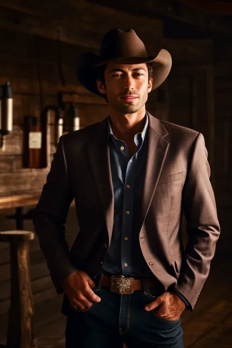 a man in a cowboy hat and jacket standing in a barn