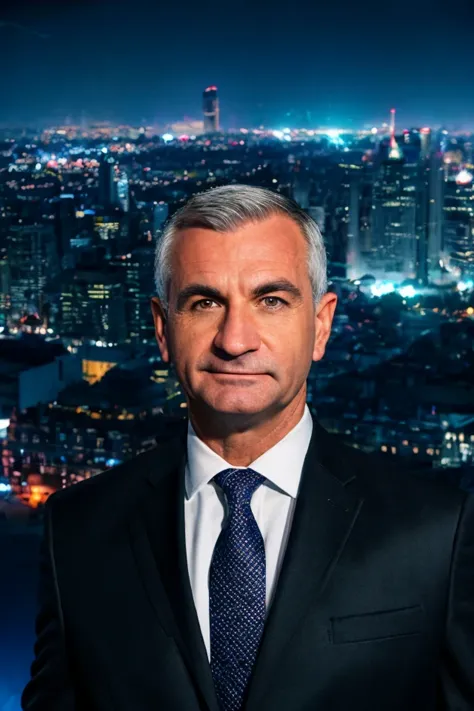 arafed image of a man in a suit and tie standing in front of a cityscape