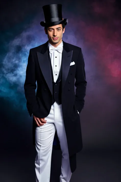 jon ossoff <lora:senate_019_jon_ossoff:0.65> , face closeup, face focus, shirt, formal, suit, collared shirt, white shirt, jacket,
Dressed in a magician's outfit with a top hat, standing in front of a stage,  rabbit out of a hat,
best quality, masterpiece, HDR, professional, studio quality, highres,