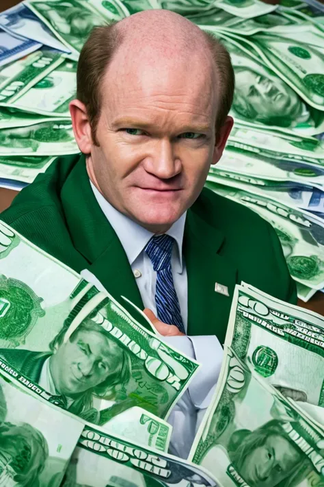 there is a man in a green jacket and tie holding a pile of money