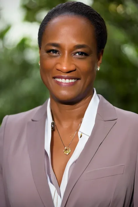 a woman in a suit smiling for a picture in front of trees