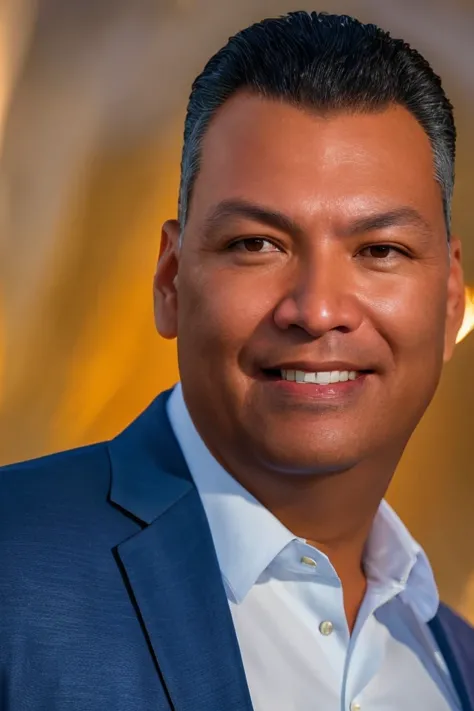 a close up of a man in a suit smiling for a picture