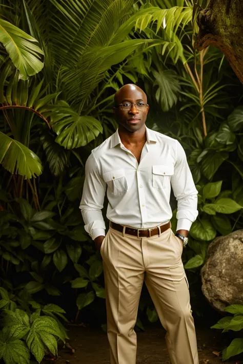 arafed man in a white shirt and tan pants standing in front of a jungle