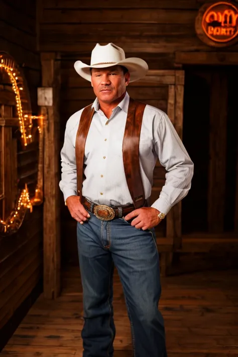 a man in a cowboy hat and jeans standing in a room