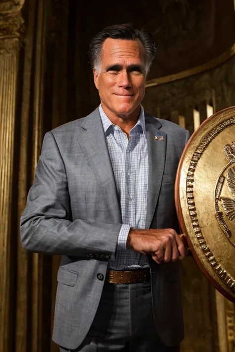 a close up of a person holding a shield in a room