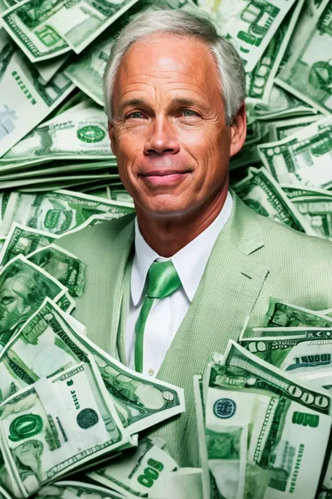 a close up of a man in a suit and tie surrounded by money