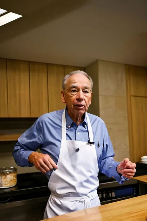 arafed man in a blue shirt and white apron standing in a kitchen