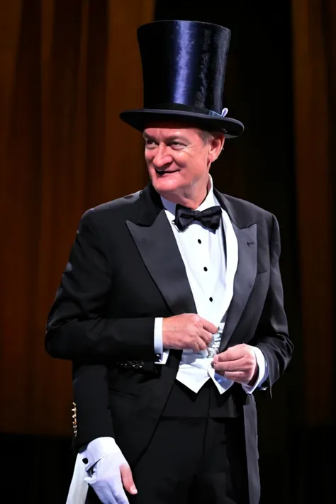 mike crapo <lora:senate_023_mike_crapo:0.65> , face closeup, face focus, shirt, formal, suit, collared shirt, white shirt, jacket,
Dressed in a magician's outfit with a top hat, standing in front of a stage,  rabbit out of a hat,
best quality, masterpiece, HDR, professional, studio quality, highres,