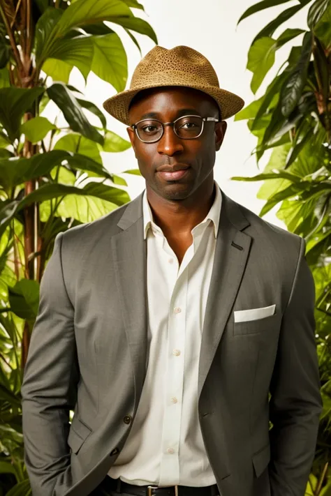 a man in a hat and glasses standing in front of a plant