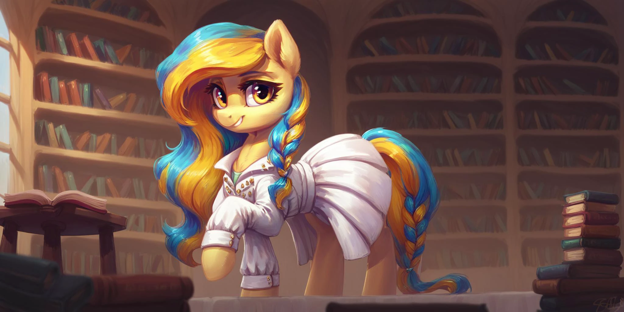 A close up of a cartoon pony in a library - SeaArt AI