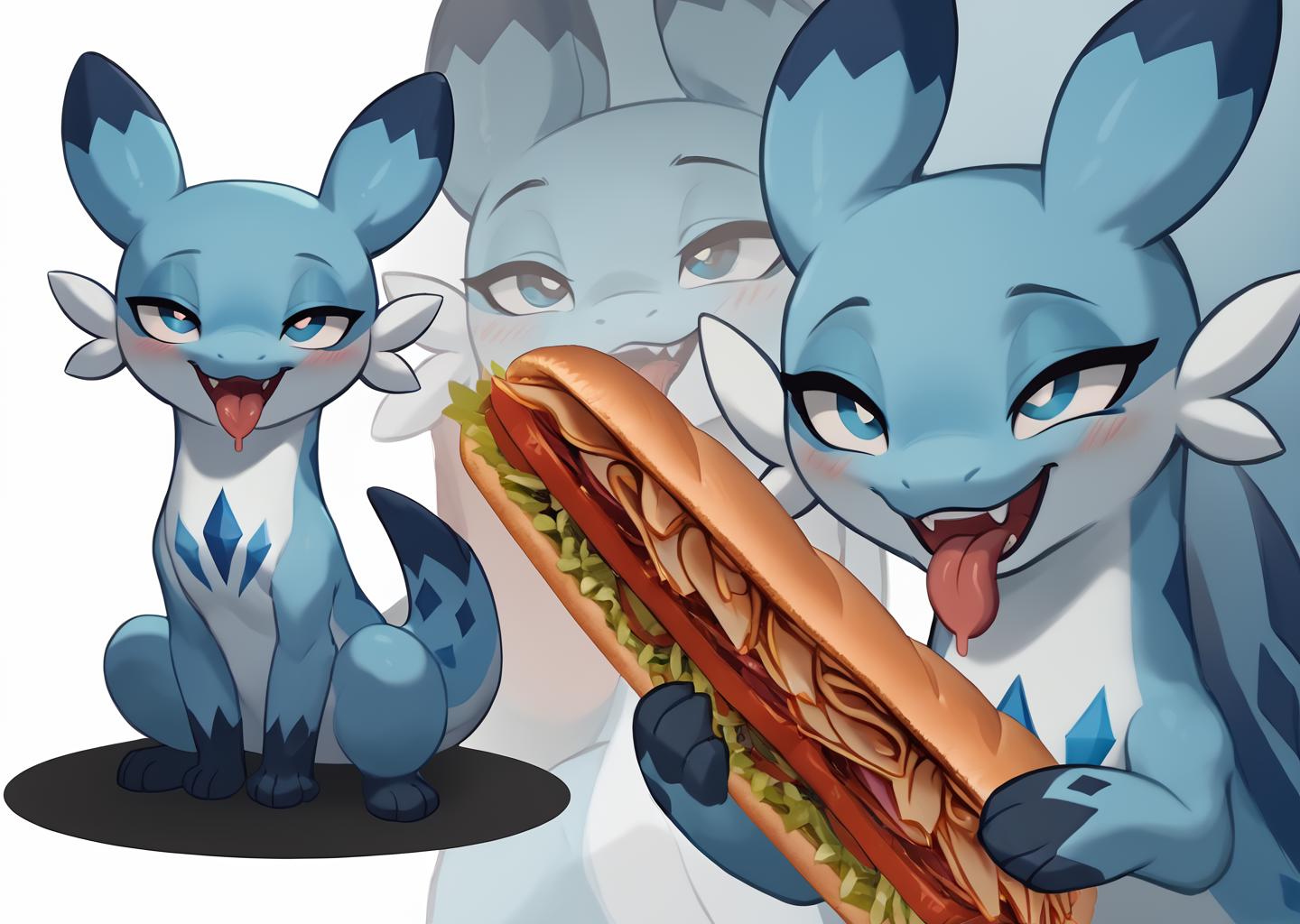 There are two pokemons that are eating a hot dog - SeaArt AI