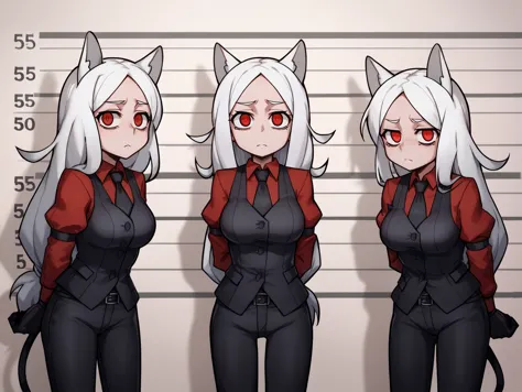 three anime characters in black and red outfits with white hair