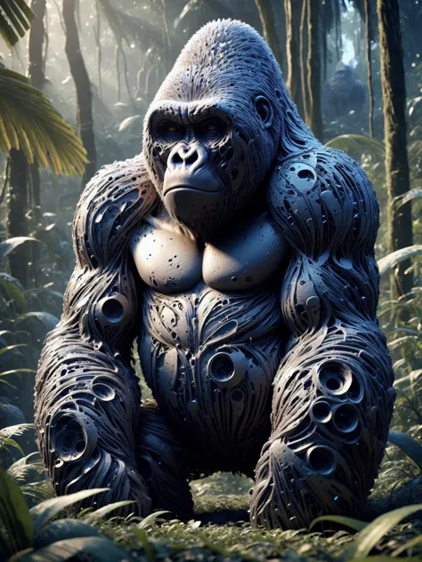 a close up of a gorilla statue in a jungle with trees