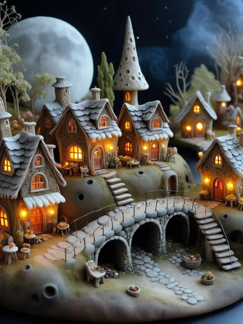 A whimsical miniature ais-lunar  fairy village at night, with tiny houses, shops, inns, bakeries, bridges, and gardens all intri...