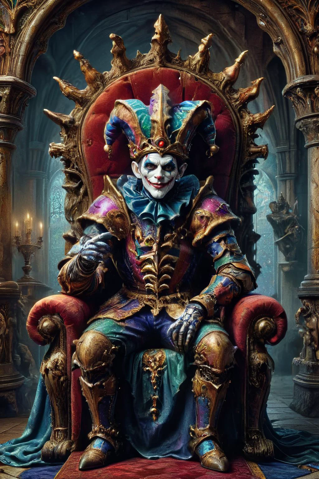 A clown sitting on a throne in a castle - SeaArt AI