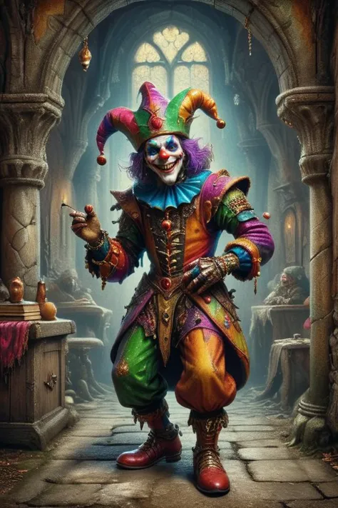 award winning photograph of a jolly jester with rugged charm in king's court,magical,whimsical,fantasy art concept,intricate details,best quality,masterpiece,ultra sharp,hyper realistic,realism,<lora:1980s_Fantasy_Style_SDXL:0.7>,1980s Fantasy Style,vivid color,<lora:Artists_Edge-000006:1>,