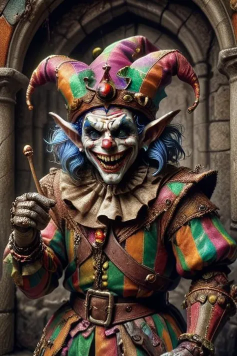 award winning photograph of a jolly jester with rugged charm in king's court,magical,whimsical,fantasy art concept,intricate details,best quality,masterpiece,ultra sharp,hyper realistic,realism,<lora:1980s_Fantasy_Style_SDXL:0.7>,1980s Fantasy Style,vivid color,<lora:Artists_Edge-000006:1>,