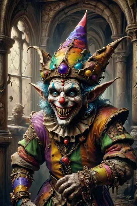 a close up of a clown with a colorful hat and a colorful outfit