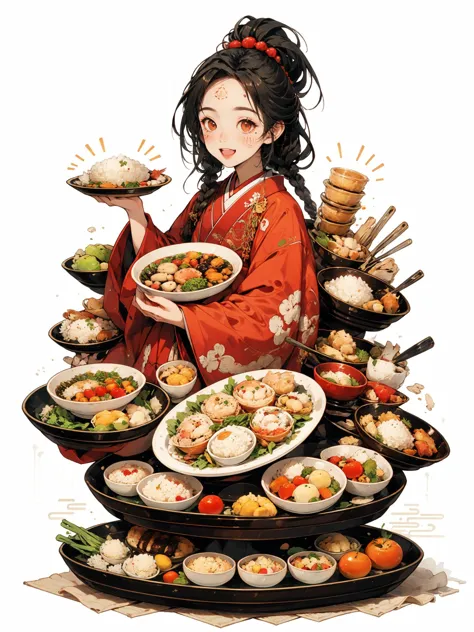 HEZI, 1girl, food, holding, smile, bird, plate, solo, open mouth, bowl, braid, black hair, long hair, chicken, rice, :d, white b...