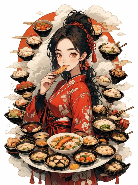 HEZI, 1girl, food, solo, holding, jewelry, chopsticks, earrings, looking at viewer, long sleeves, black hair, chinese clothes, h...
