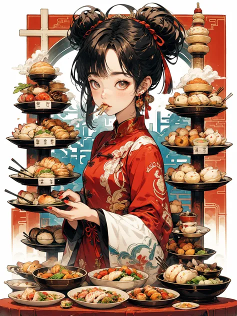 HEZI, 1girl, chinese clothes, food, solo, jewelry, chopsticks, eating, hair bun, looking at viewer, black hair, bowl, red nails,...