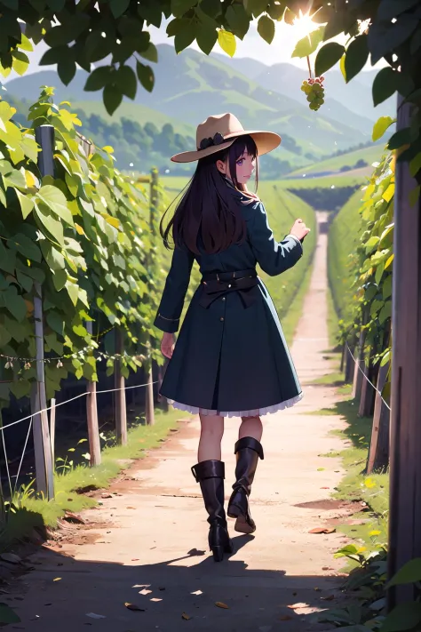 masterpiece, best quality,1girl,young girl,purple_monster eyes,long hair,mesugaki smile,shiny skin,(nice leg line:1.3),thick thighs,thin waist,huge breasts
BREAK
Vintner, Vintner, Long green velvet coat with gold buttons, white ruffled shirt, black trousers, tall leather boots, a wide-brimmed hat with a feather, A vast vineyard with rolling hills, grapevines as far as the eye can see, Harvest season, the vintner inspects the grapes to ensure they are of the highest quality for the wine-making process, The vintner holds a bunch of grapes up to the sunlight and examines them closely, checking for ripeness and signs of disease, The vintner wears a serious expression, reflecting the importance of selecting only the best grapes for thewine.,landscape
BREAK
store,crowd,depth of field,looking at viewer,standing,from behind,upper body,legsupsexms