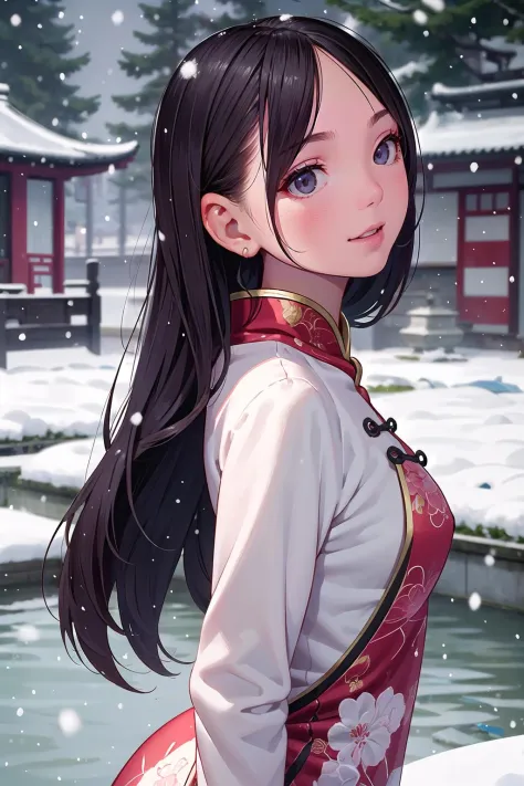 best quality, masterpiece, highres, 1girl, soft lighting, Beautiful face,(from side),(epic:1.5), winter, snow, tree, east asian architecture, pond, (((detailed background))), (((beautiful detailed face))), perfect face, ((perfect female body)),(((mature fe...