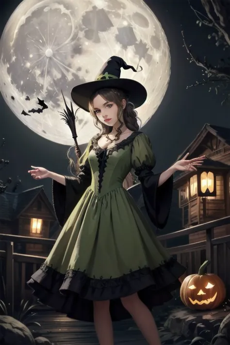 a woman in a witch costume standing in front of a full moon