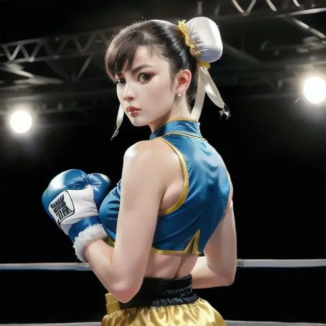 yellow minions chun-li Punk Fashion (United Kingdom) , ((really intricate intricate backgroung of a boxing ring)), whole body facing the camera<lora:chun liV1:0.6>