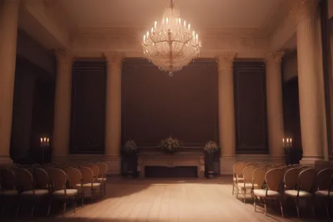 a close up of a room with a chandelier and chairs