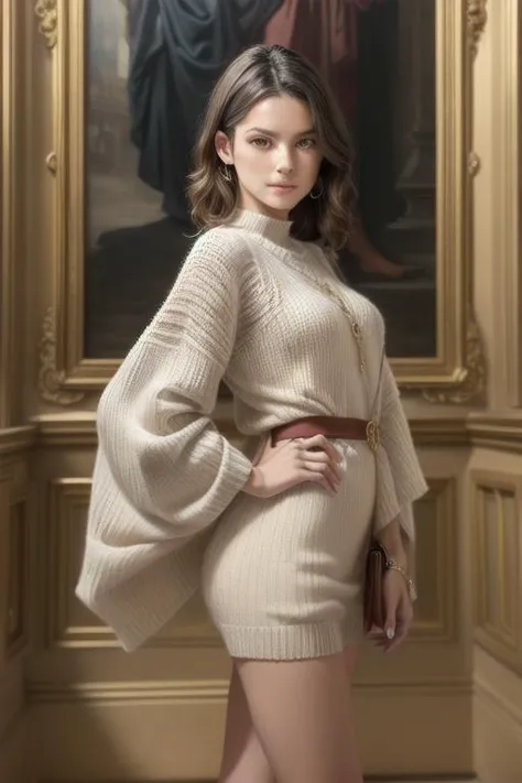 a woman in a white sweater dress and brown boots posing for a picture