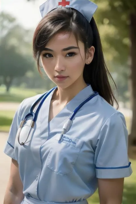 a close up of a woman in a nurse uniform posing for a picture