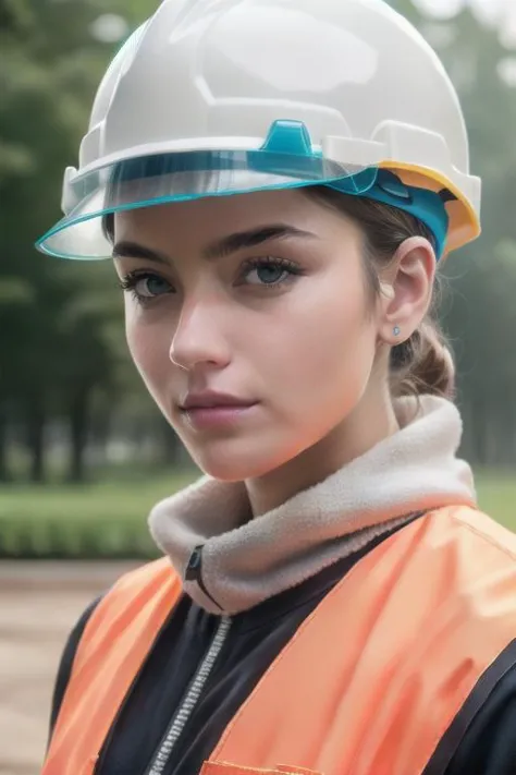 a close up of a woman wearing a hard hat and a jacket