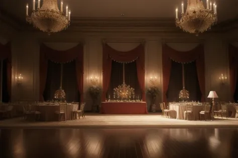 a close up of a room with a table and chairs and chandeliers