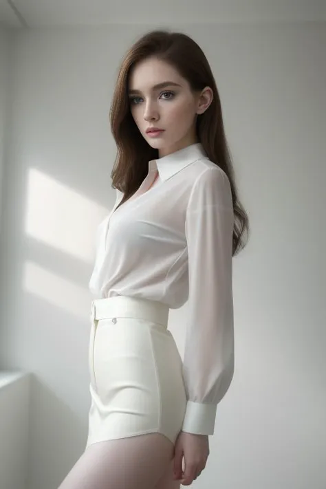 cute sasha blouse in a white room, (beautiful face:1.33), pale skin, rule of thirds, cinematic lighting, rainy weather, melancholy atmosphere, sharp focus, backlit, stunning, model agency, smooth, hard focus, full body shot, instagram photo, shot on iphone 1 3 pro max, hyper realistic,