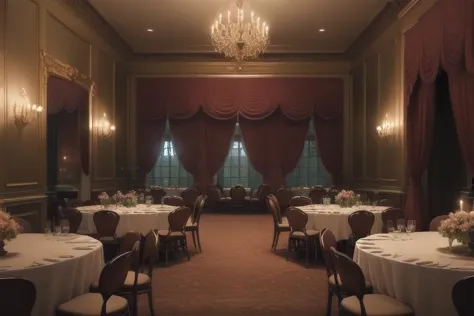 there are many tables and chairs in a room with chandeliers