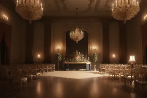 a close up of a room with a bunch of chairs and a table