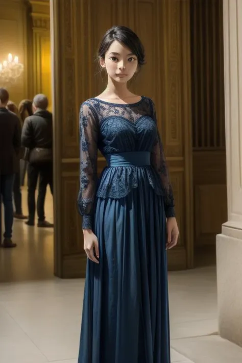 a woman in a blue dress standing in a room