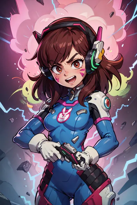 a cartoon picture of a woman in a blue outfit with headphones and a gun