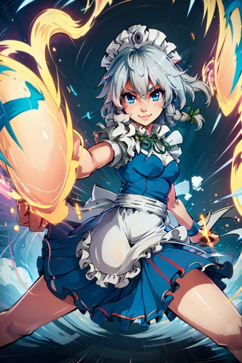 aura, énergie, embrasé,swirling énergie, pose dynamique,((chef-d&#39;œuvre,Meilleure qualité)), 1fille, seulement, sakuya1, Femme de ménage, célibataire, cheveux gris, seins moyens, sourire,