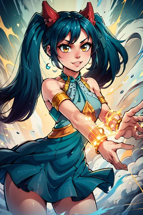 Aura, energy, glowing,swirling energy, dynamic pose,((masterpiece,best quality)), aawendy, long hair, twintails, hair ornament, bare shoulders, green dress, sleeveless dress, armlet, bracelet, cowboy shot, smile,