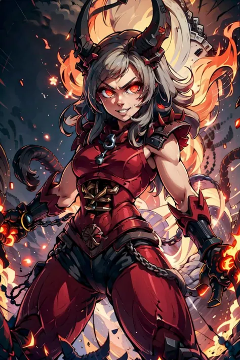 a woman in red and black outfit holding a sword and fire